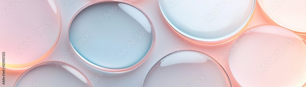 Poster abstract shapes of frosted glass in various forms softly overlap against a muted gradient background