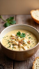A rich keto chicken Alfredo soup with chunks of chicken, cream, and parmesan, served in a large ceramic bowl