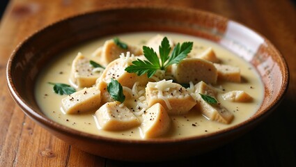 A rich keto chicken Alfredo soup with chunks of chicken, cream, and parmesan, served in a large ceramic bowl