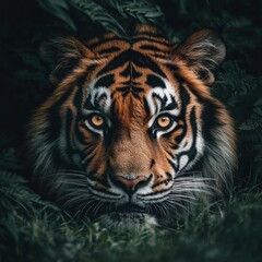 Fototapeta premium Majestic tiger stalking in dense jungle wildlife photography close-up perspective nature's beauty
