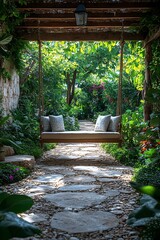 Obraz premium Serene garden path leading to a swing surrounded by lush greenery and blooming flowers