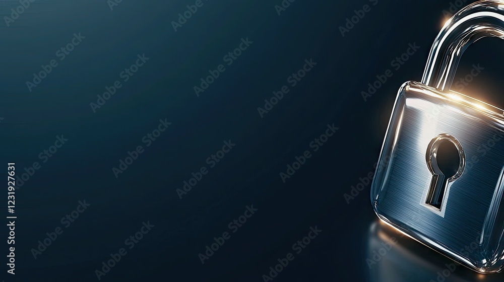 Poster metal padlock with shining surface against a dark background representing security and protection in