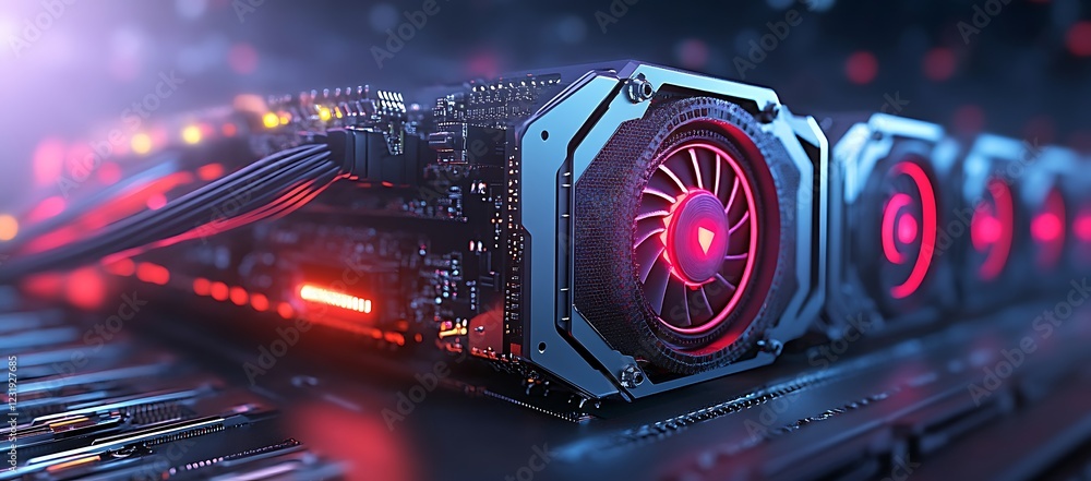 Poster Close-up of a high-performance graphics card with illuminated fan and circuitry.