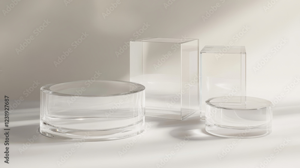 Aufkleber glass transparent cube and cylinder product podiums of different height. realistic vector set of ple