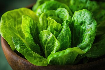 Fresh lettuce in a wooden bowl on a table, ready for use or display