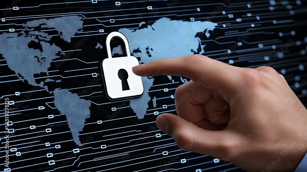 Poster digital security concept with a hand pressing a padlock icon over a global network background signif