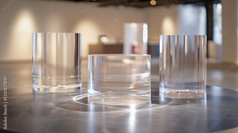 Aufkleber glass transparent cube and cylinder product podiums of different height. realistic vector set of ple
