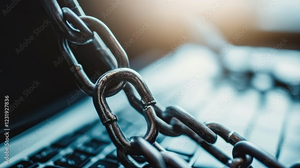 Poster the presence of chain links depicted on a laptop keyboard represents the vital themes of security an