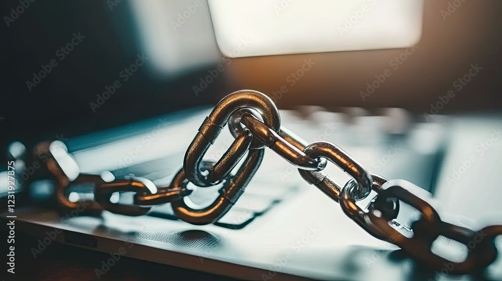Poster a metal chain securely locks onto the laptop keyboard, effectively preventing unauthorized access wh