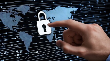 Digital security concept with a hand pressing a padlock icon over a global network background signifying global protection of information