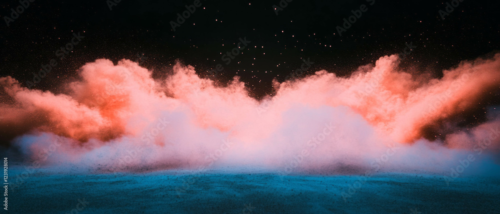 Poster floating three-dimensional dust particles create a striking visual effect against a black background