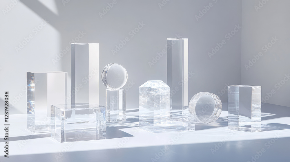 Aufkleber glass transparent cube and cylinder product podiums of different height. realistic vector set of ple