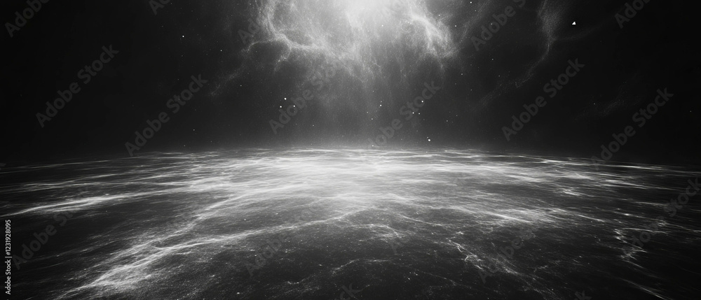 Poster three-dimensional dust texture with floating light and depth on a black background