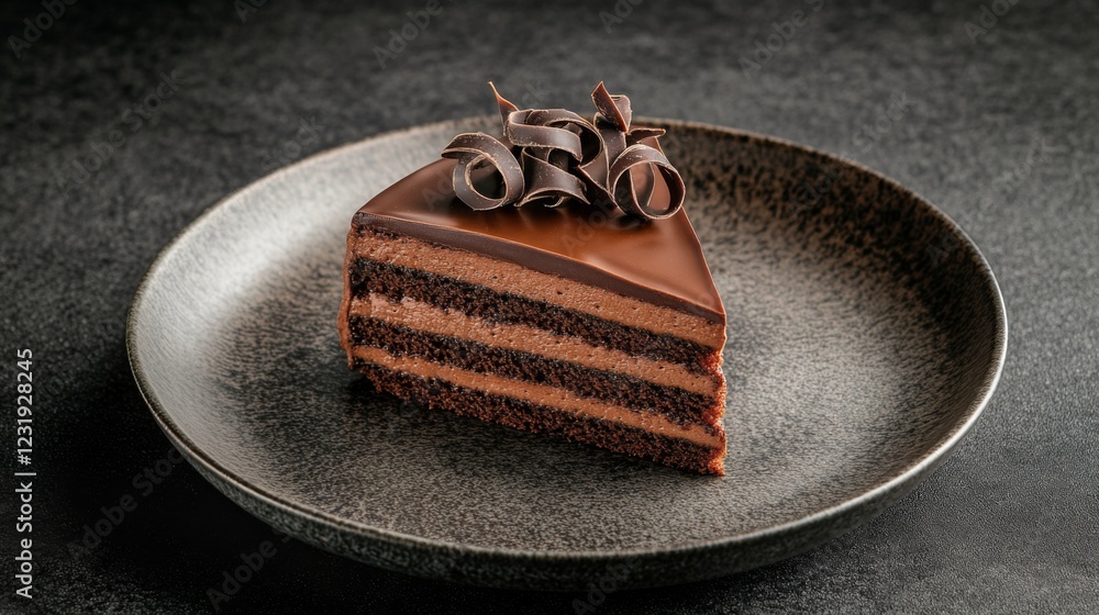 Poster A delicious slice of chocolate cake with layers visible, topped with glossy chocolate frosting and decorative chocolate curls on a rustic plate