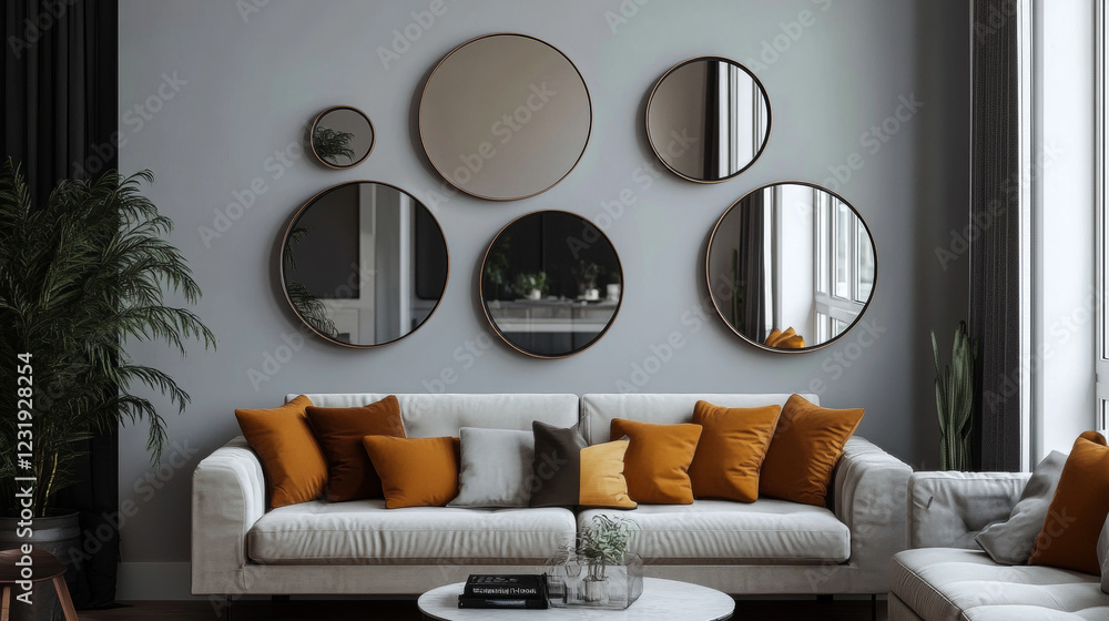 Poster realistic round and square mirrors in frames with light reflection. modern mirror shapes designs. gl