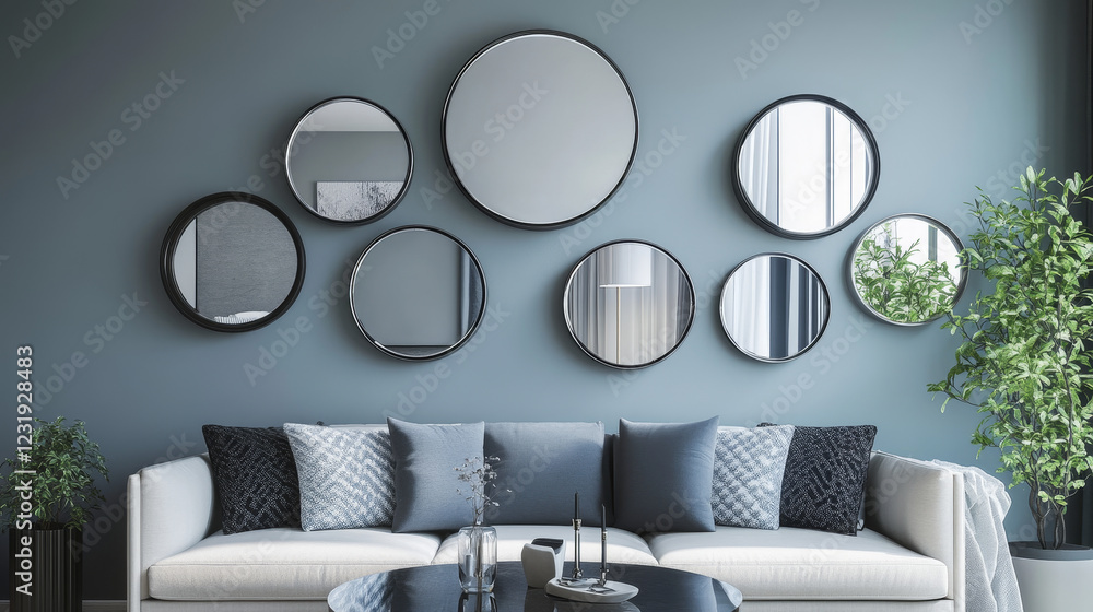 Poster realistic round and square mirrors in frames with light reflection. modern mirror shapes designs. gl