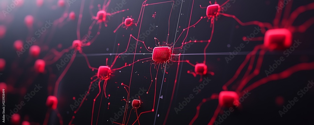Poster red neural network nodes interconnected on a dark background