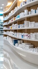 Wide view of a modern pharmacy showcasing neatly organized shelves filled with various medication and health products during daytime