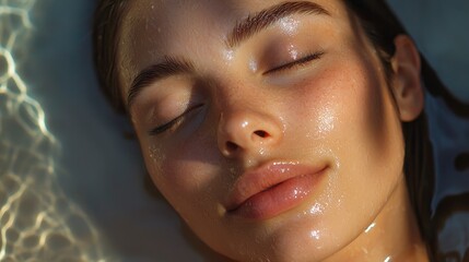 Naklejka premium Serene Close-Up of Glowing Skin with Water Reflection Effects