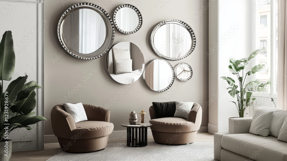 Poster realistic round and square mirrors in frames with light reflection. modern mirror shapes designs. gl