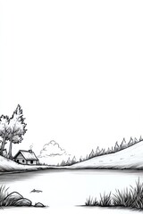 Hand-drawn illustration of a cabin by a lake with trees in the background.