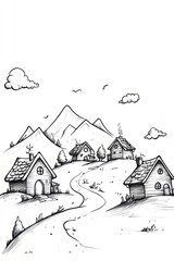 Fototapeta premium Hand-drawn illustration of a charming village nestled in a mountain valley with a winding road leading through the scenic landscape.