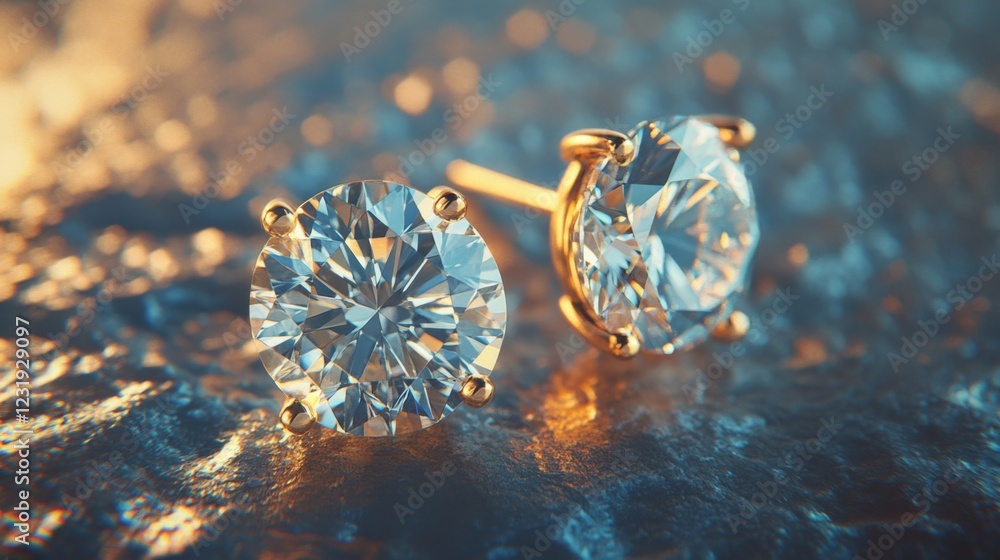 Leinwandbilder a detailed macro view of a pair of classic diamond earrings resting on a textured surface, with soft