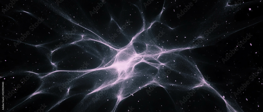 Poster tiny light particles create intricate patterns against a dark background
