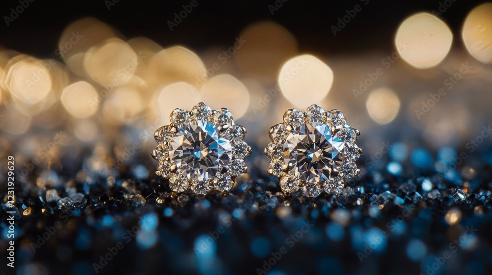 Poster A detailed shot of a pair of diamond earrings with a unique design, captured with a macro lens to emphasize the cut and sparkle of each stone.