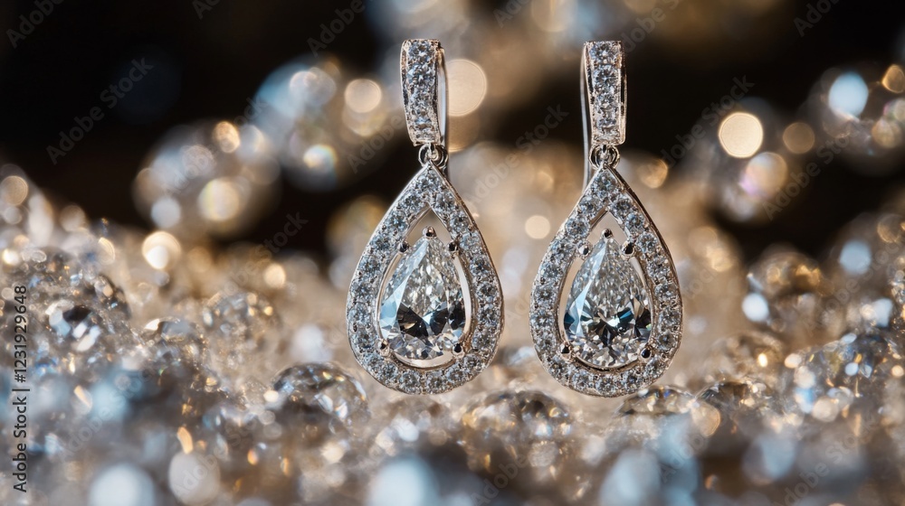 Poster A detailed shot of a pair of diamond earrings with a unique design, captured with a macro lens to emphasize the cut and sparkle of each stone.