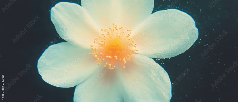 Poster tiny pollen particles create a textured overlay on flower petals with clear central area
