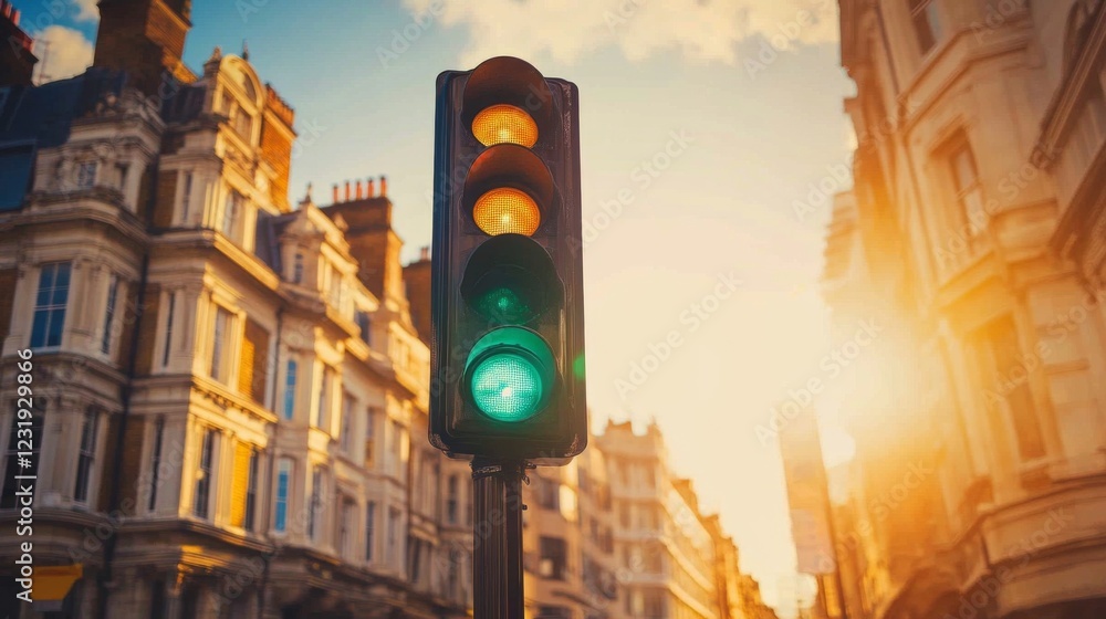 Poster a detailed shot of a traffic light displaying the green signal, with reflections from nearby buildin
