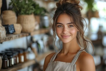 A smiling woman in a cozy, rustic shop, showcasing a natural vibe. She represents the spirit of local businesses and artisanal products.