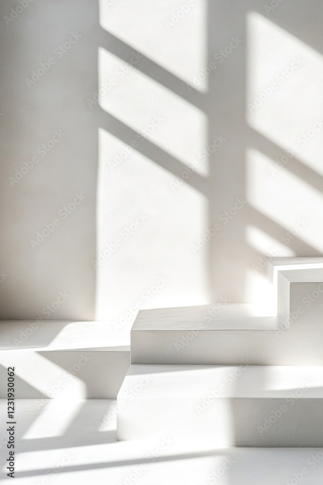Poster abstract geometric shapes cast soft black shadows on a pristine white surface, enhancing depth and m