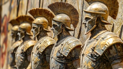Obraz premium Ancient Greek Warriors in Ornate Armor Displayed in a Row