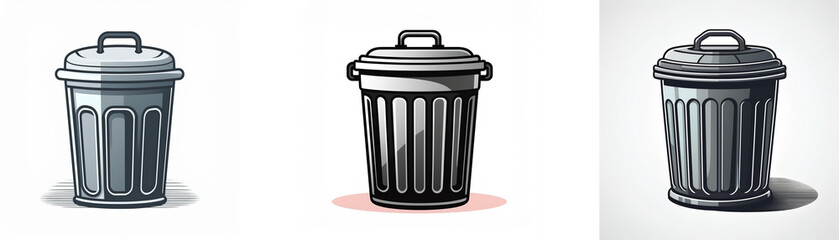 Three variations of a metal trash can are shown, differing slightly in shading and style.  They are cylindrical with lids and vertical ribs.