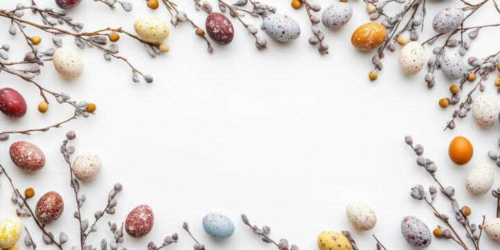 Colorful eggs arranged with willow branches create a festive border for spring celebrations