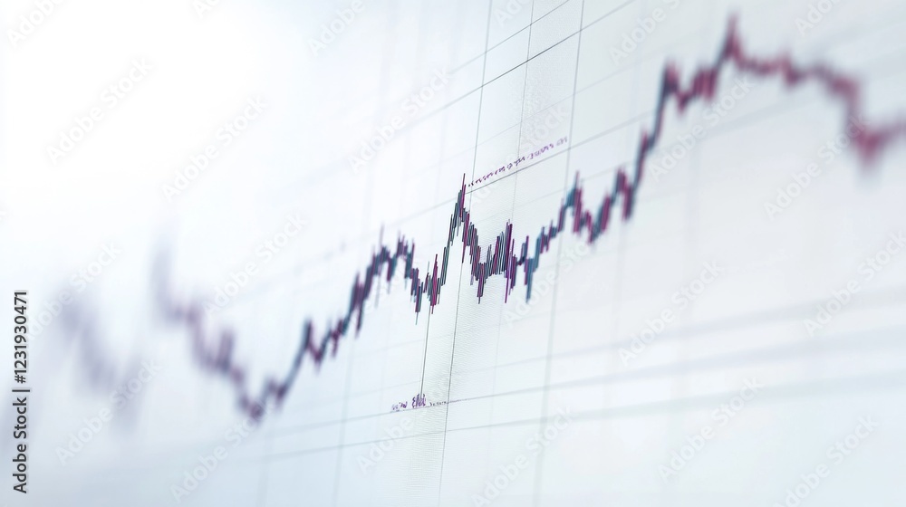 Poster A digital financial chart showing stock prices fluctuating over time, with a clear focus on the upward trends, set against a minimalist white background.