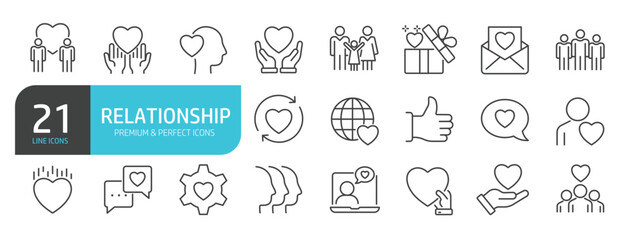 Set of line icons related to relationship, care, friend, love. Outline icons collection. Editable stroke. Vector illustration.