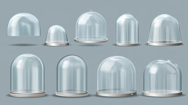 Glass or clear plastic domes different shapes isolated on transparent background. Vector realistic mockup of empty protection cover, acrylic bell jar. Exhibition display cases