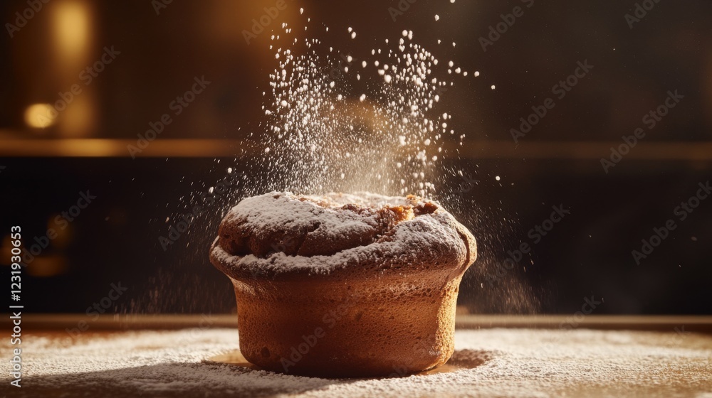 Poster a dramatic shot of a chocolate souffl rising in the oven, with a rich brown color and a dusting of p