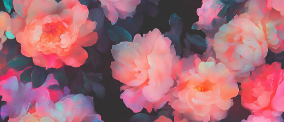 Vibrant watercolor blooms create an intense visual contrast on a dark background