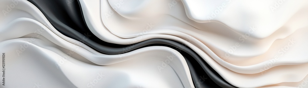 Poster abstract wavy patterns flow across a gradient background in black and white. the design focuses on s