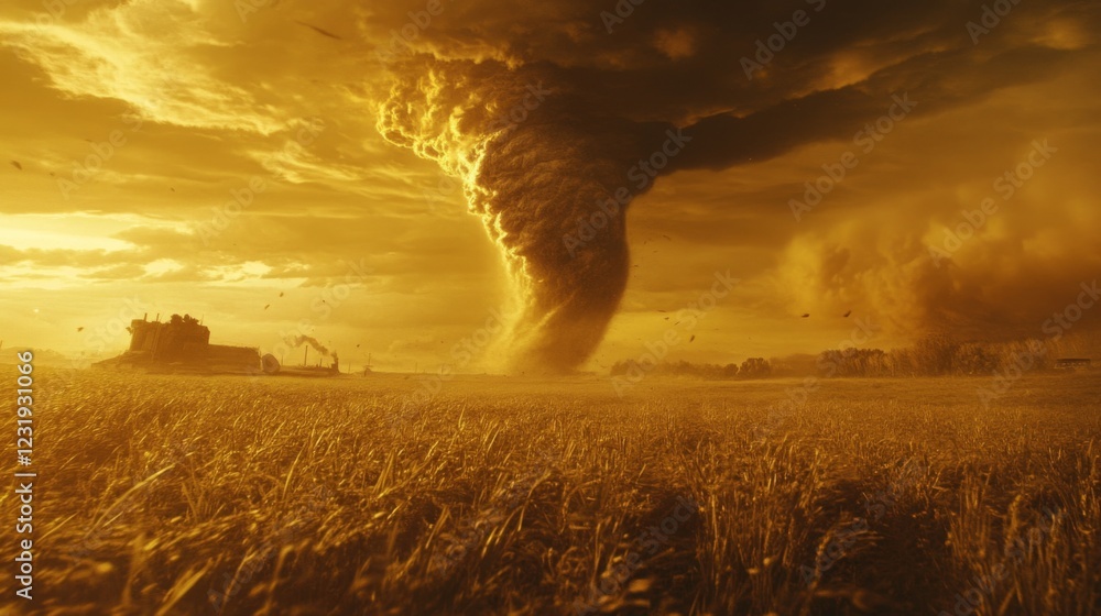 Poster a dramatic view of a tornado forming in the distance, swirling dark clouds and debris against a mood
