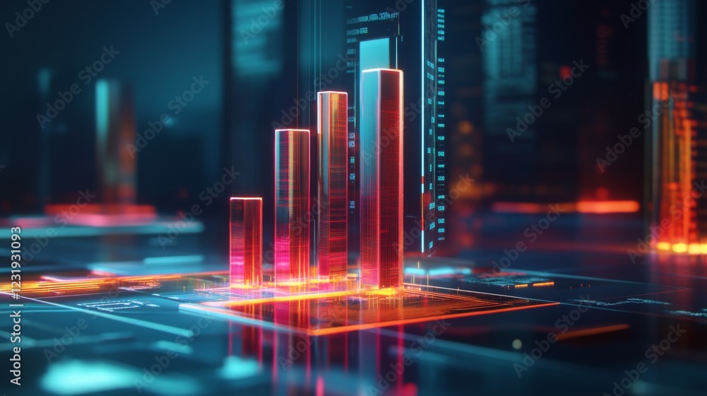 Aufkleber A dynamic D bar chart with translucent bars in different heights, hovering over a futuristic financial dashboard with glowing elements
