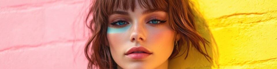 Obraz premium A woman with striking blue eyes posed in front of a bright pink wall, creating a bold contrast