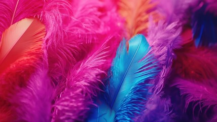 Obraz premium A vibrant close-up of colorful feathers in shades of pink, purple, and blue, creating a lively and textured visual experience, Mardi Gras.