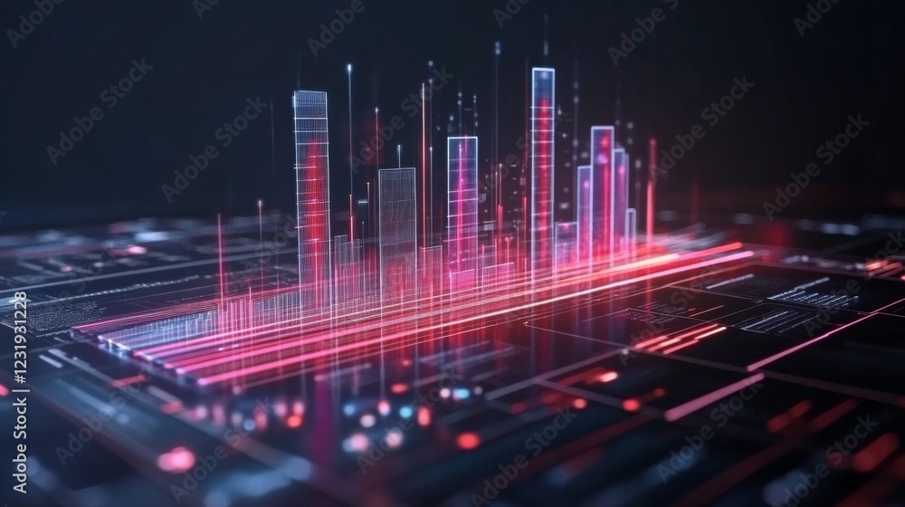 Poster a dynamic d bar chart with translucent bars in different heights, hovering over a futuristic financi