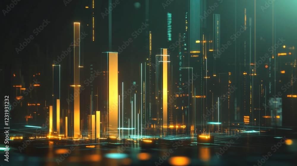 Poster a dynamic d bar chart with translucent bars in different heights, hovering over a futuristic financi