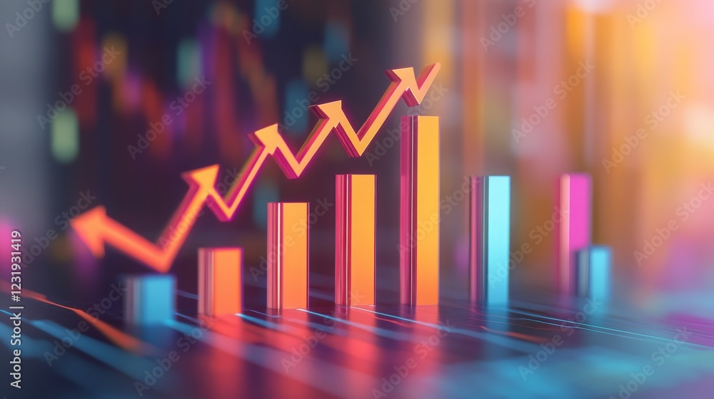 Aufkleber A dynamic D bar graph with arrows pointing upward, set against a gradient background, symbolizing data trends, economic growth, and financial success.
